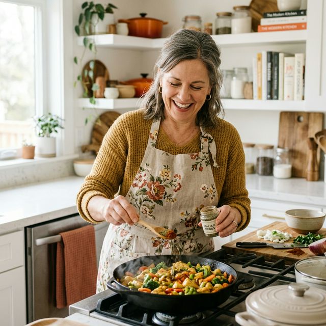 Happy home cook preparing a meal in a warm kitchen